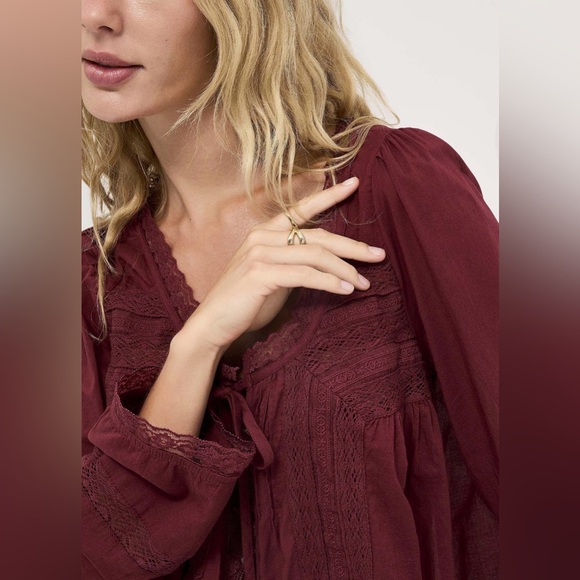 Free People Forevermore Crochet Lace Blouse Burgundy Boho Cotton Top Size L - Picture 3 of 13